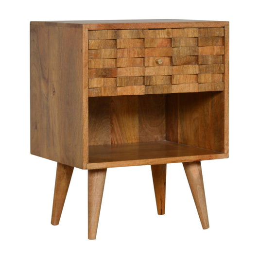 Handcrafted Solid Mango Wood Bedside Table with Tile Carved Drawer and Open Storage Slot-Kulani Home
