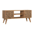 Oak-ish Solid Mango Wood Entertainment Unit with Nordic Legs and Wood Resin Inlay Drawers-Kulani Home