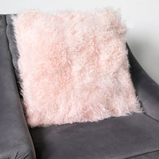 Pink Curly Sheepskin Cushion 45x45cm