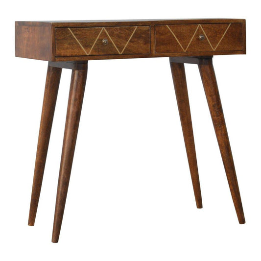 Chestnut Wood Console Table with Geometric Brass Inlay-Kulani Home