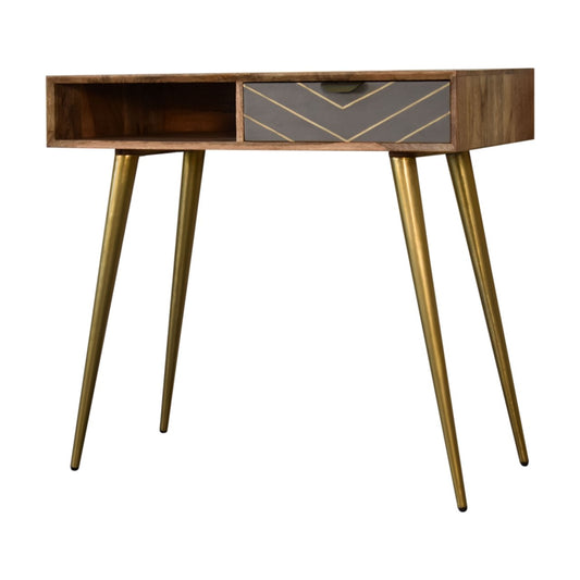 Contemporary Cement and Brass Inlay Writing Desk with Cable Access-Kulani Home