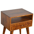 Contemporary Chestnut Wood Bedside Table with Assorted Pattern and Candle Knobs-Kulani Home