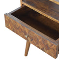 Contemporary Chestnut Wood Bedside Table with Assorted Pattern and Candle Knobs-Kulani Home