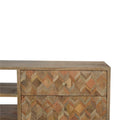 Contemporary Oak-ish Solid Mango Wood Media Unit with Assorted Pattern and Candle Knobs-Kulani Home