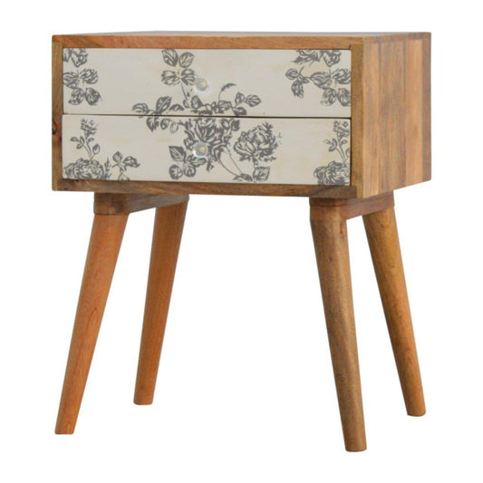 Floral Oak-Finish Bedside Table with Screen Printed Drawers-Kulani Home