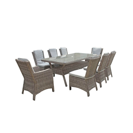Grey Wicker 8-Seater Rectangular Dining Set with Glass Tabletop-Kulani Home
