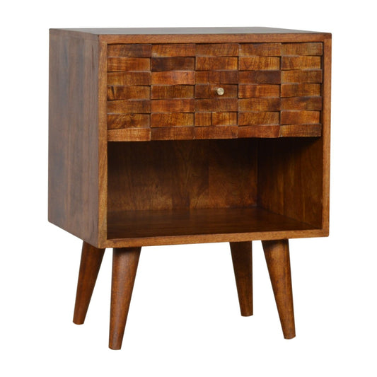 Handcrafted Chestnut Carved Bedside Table with Open Storage Slot-Kulani Home