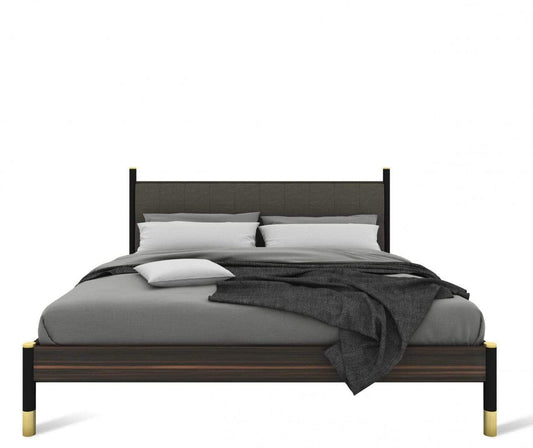 Luxury Ebony Kingsize Bed with Grey Upholstered Headboard and Brass Capped Feet-Kulani Home