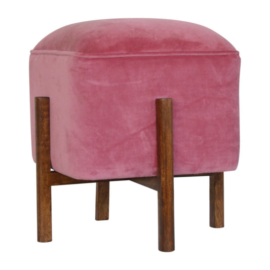 Luxury Pink Velvet Footstool with Solid Wood Legs-Kulani Home