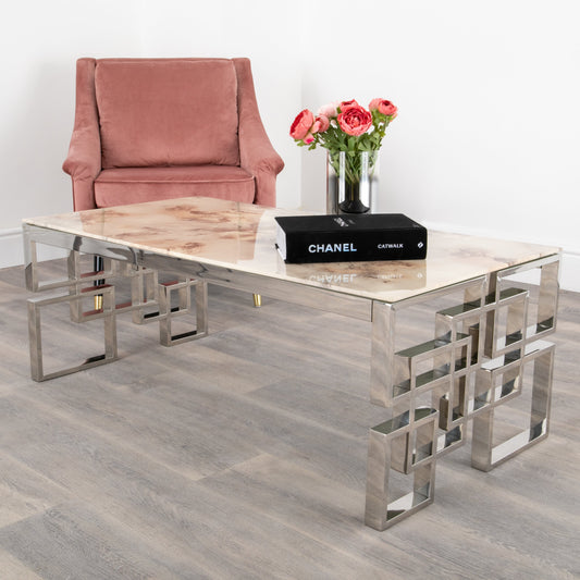Marble Glass Silver Plated Coffee Table-Kulani Home