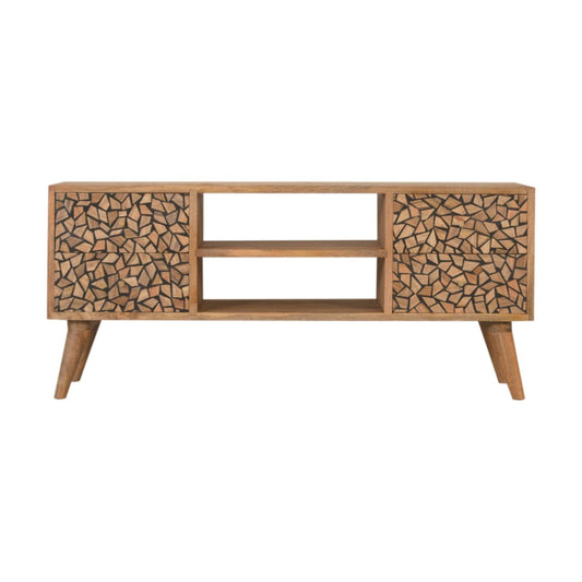 Oak-ish Solid Mango Wood Entertainment Unit with Nordic Legs and Wood Resin Inlay Drawers-Kulani Home