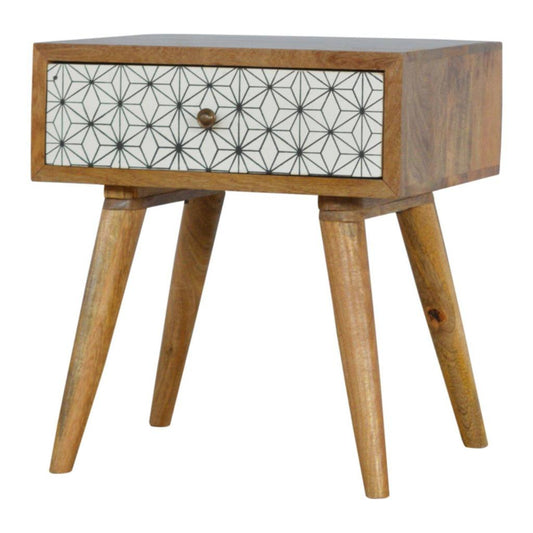 Oak-ish Solid Wood Bedside Table with Geometric Screen Printed Drawer-Kulani Home