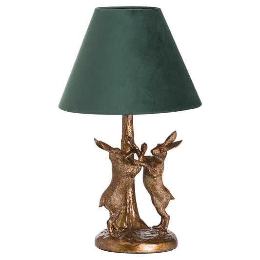 Resin Marching Hares Table Lamp with Green Velvet Shade-Kulani Home