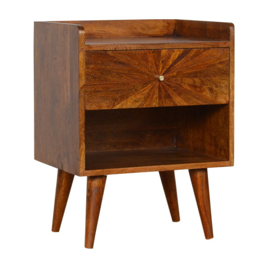 Rustic Chestnut Sunrise Bedside Table with Open Slot-Kulani Home
