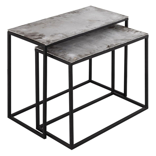Silver Duo: Handcrafted Aluminium Side Tables with Textured Surfaces-Kulani Home