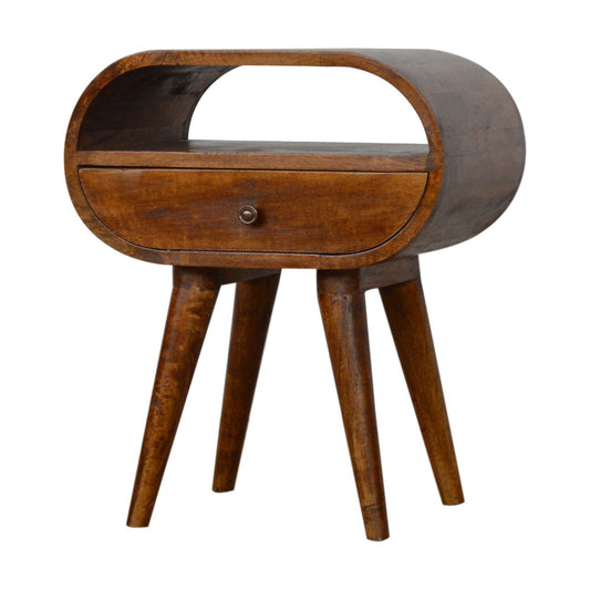Solid Mango Wood Chestnut Circular Bedside Table with Open Slot-Kulani Home