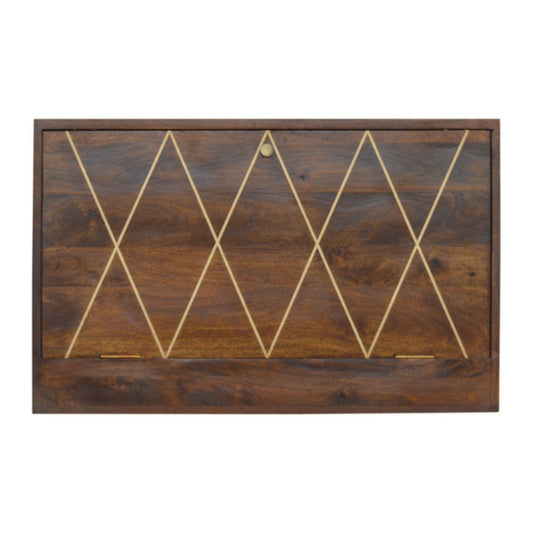 Solid Wood Wall-Mounted Writing Desk with Geometric Brass Inlay-Kulani Home