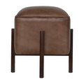Luxury Walnut Finish Brown Leather Footstool with Solid Wood Legs