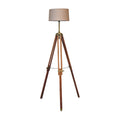 Brass Plated and Wooden Teak Floor Lamp