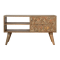 Contemporary Oak-ish Solid Mango Wood Media Unit with Assorted Pattern and Candle Knobs